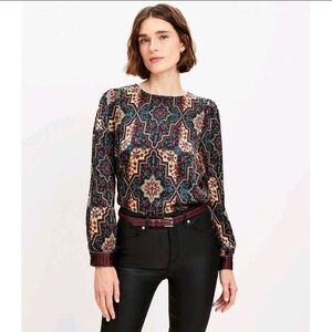LOFT Geo Border Satin Puff Sleeve Dark Floral Boho Peasant Blouse Black Top. M